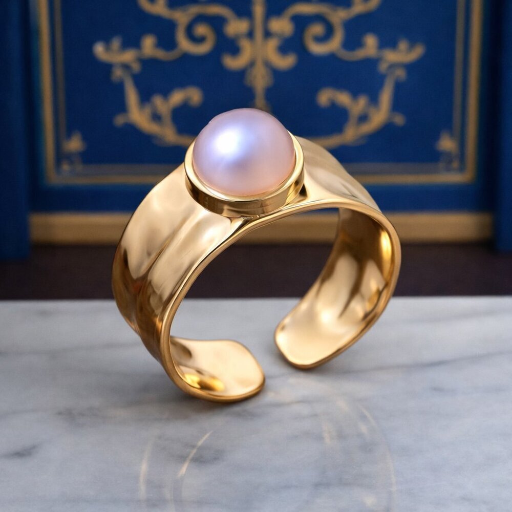 Celestial Statement Ring 18K Gold Plated Adjustable with Faux Pearl Glow - Picture 9 of 10